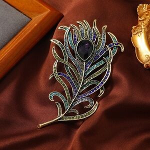 Vibrant Purple, Blue & Green Peacock Feather Rhinestone Large Statement Brooch